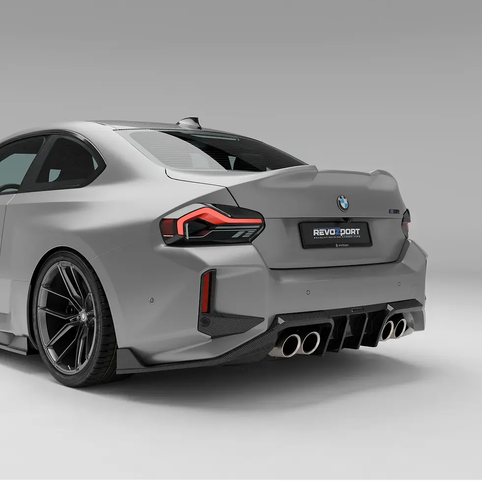 Rear angle of BMW M2 G87 Coupé with installed carbon fiber rear diffuser.