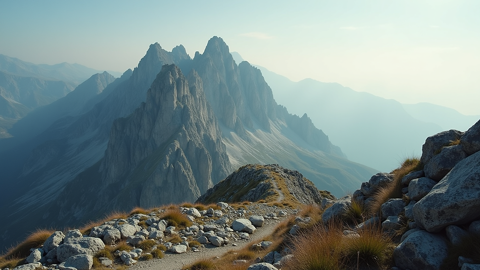 Wide angle view of a rugged mountain landscape