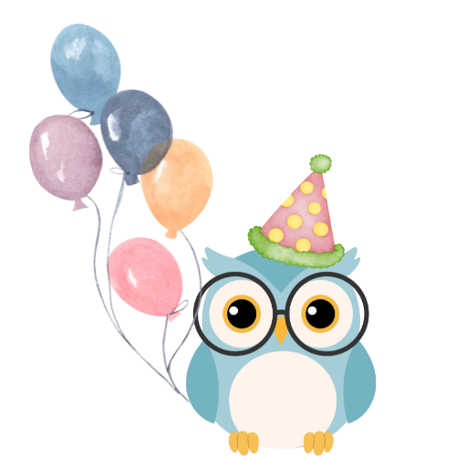 Cute blue owl wearing a party hat holding balloons
