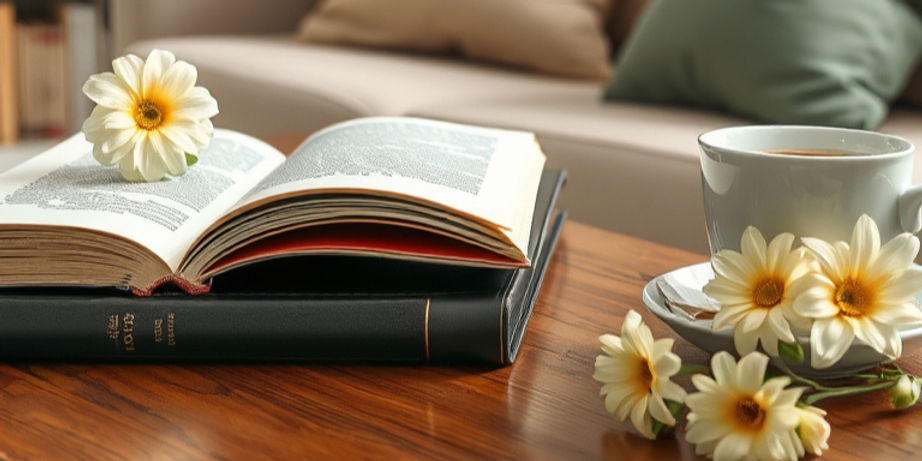 Study room and Background books on shelves, a book on the coffee table with the coffee the