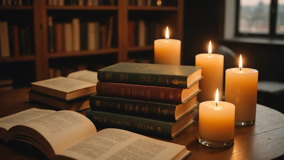 Books on a table with candles and soft lighting