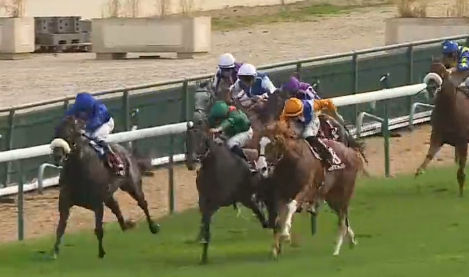Erdenali and Ten Bob Tony battling for the line in the Prix du Moulin at Paris Longchamp