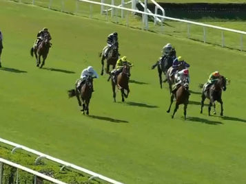 Runners in the final furlong of the Prix du Premier Pas at Lyon Parilly.