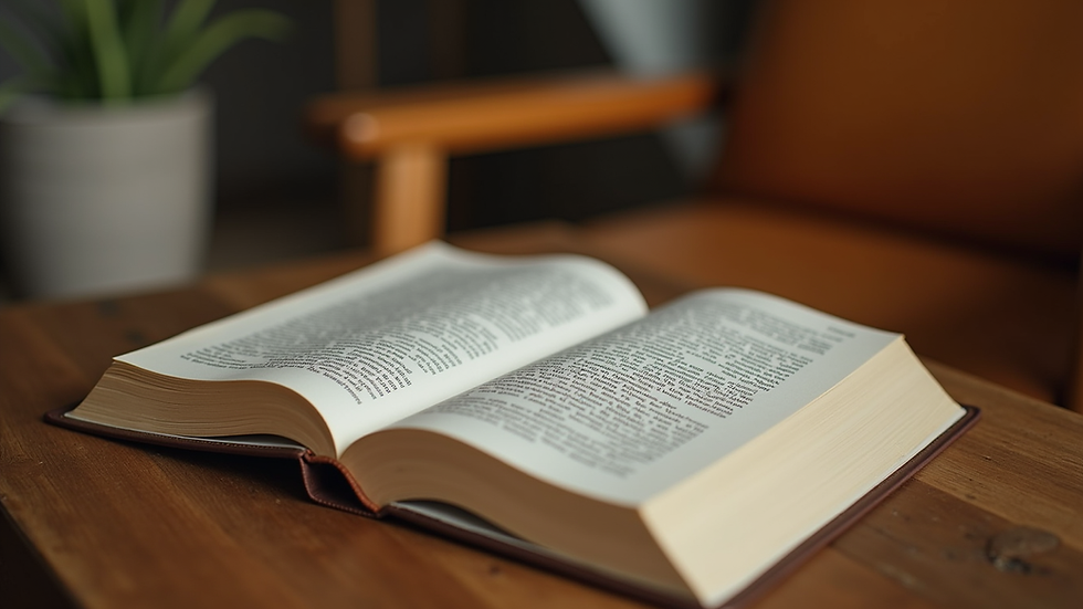 Eye-level view of a cozy reading nook with a motivational book on a wooden table