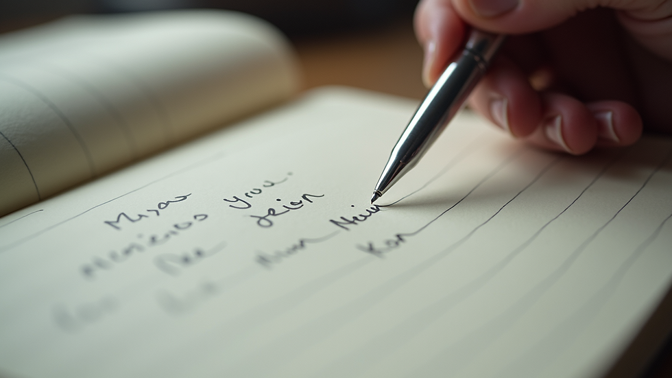 Close-up view of a handwritten journal with a pen resting on it