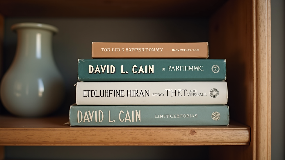 Close-up view of a stack of inspirational books by David L. Cain on a wooden shelf