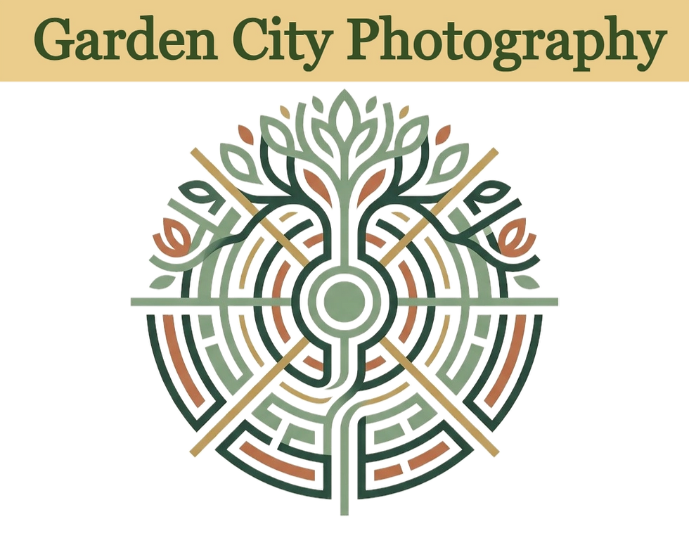 Garden City Photography Logo, Logo displays a tree within concentric circles separated by intersecting lines.