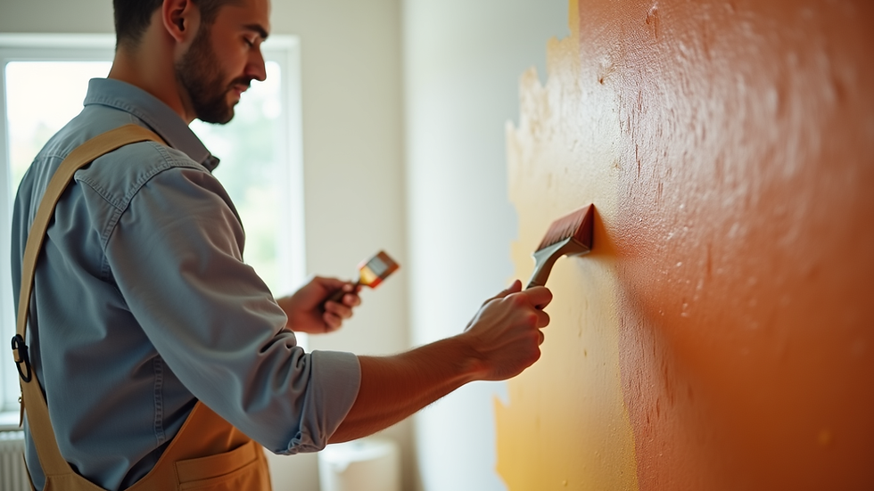 Vue en plongée d’un artisan peintre décorateur appliquant une couche de peinture sur un mur intérieur