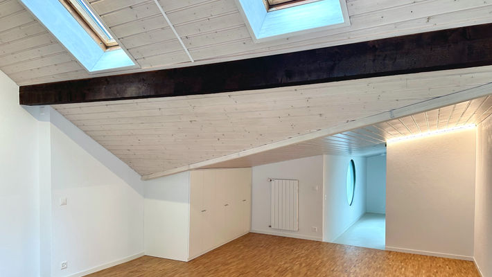 Poutraison apparente
Lambris lasuré
Velux toiture mansardée
Dressing intégré stratifié blanc
Eclairage Design en LED
Parquet mozaique poncé huilé chêne 
Vinyle clair
Puit lumière second-jour 