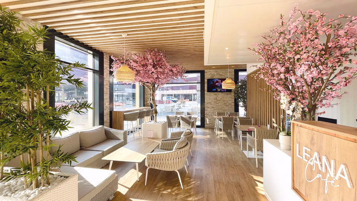 Accueil bar café Leana
Pizzeria café design 
Sol Vynil 
Lampe design IKEA
lames bois faux-plafond
Restaurant déco végétalisée
Claustra WC chêne