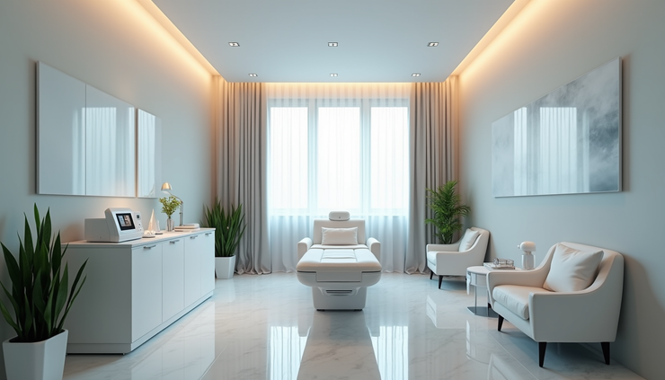 Eye-level view of a modern laser hair removal clinic treatment room with advanced equipment