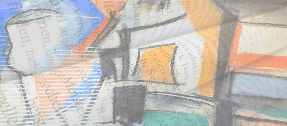 beschriebenes Papier, darauf Farbflächen in orange und blau darüber ein Gedicht