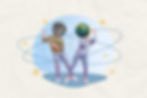 Creative collage image of two people moon planet earth instead head dancing chilling paint