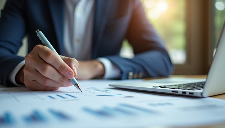 Eye-level view of a small business owner reviewing financial documents with a laptop