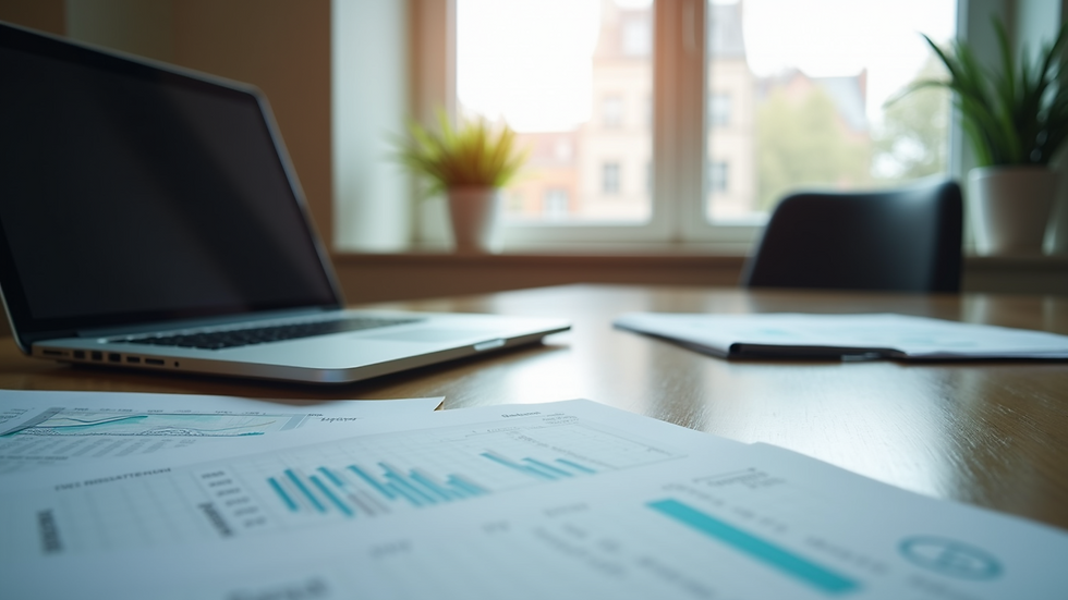 Eye-level view of a modern office desk with financial reports and laptop