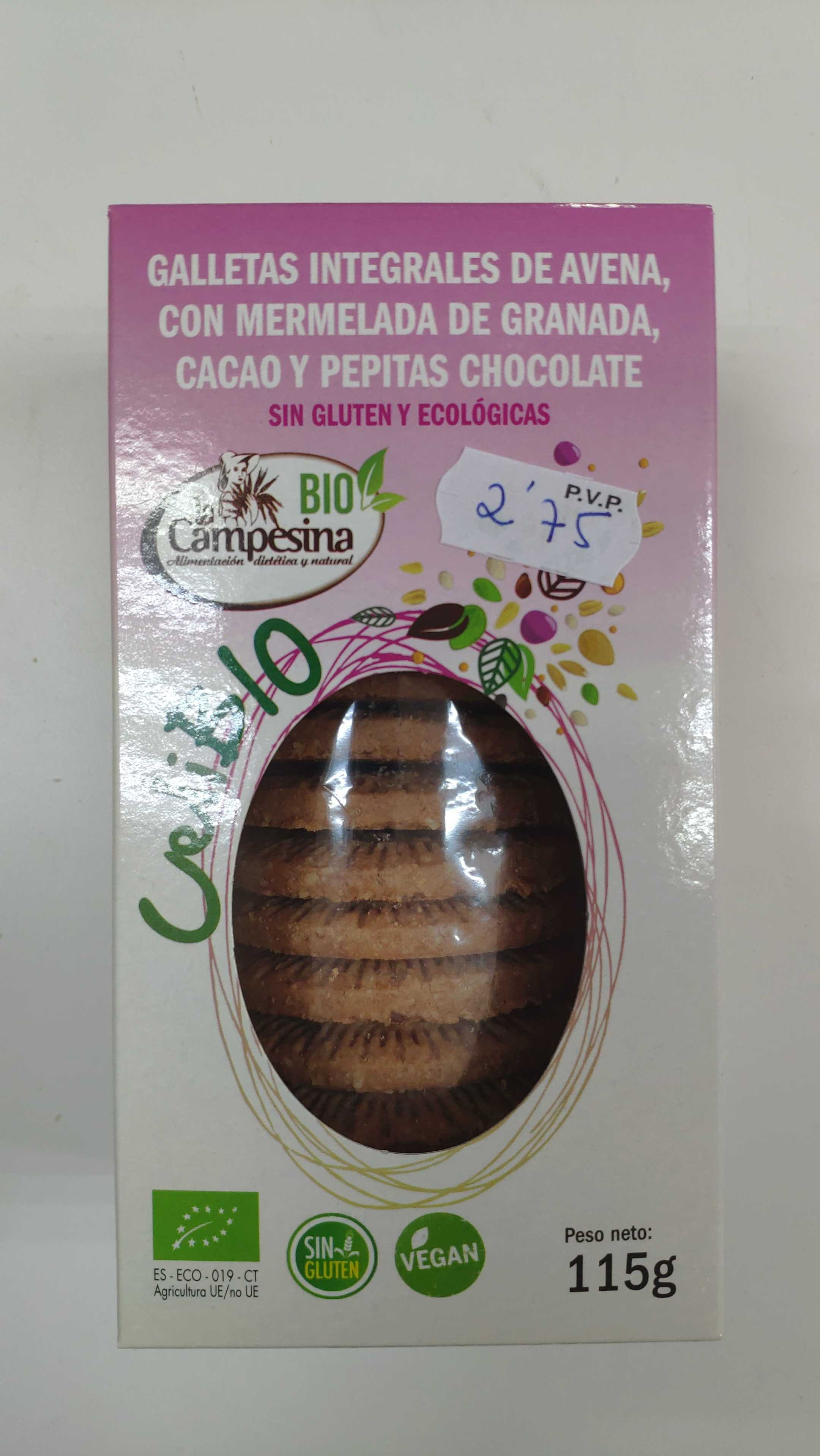 Galletas integrales de avena, con mermelada de granada, cacao y pepitas chocolat