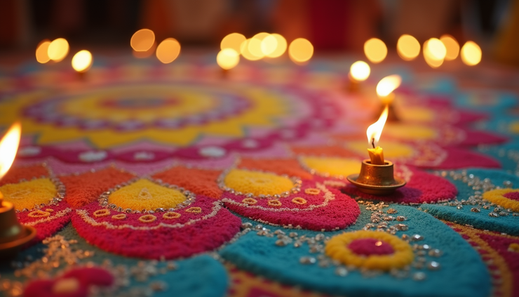 Close-up view of a traditional Indian rangoli design on the floor during a festival