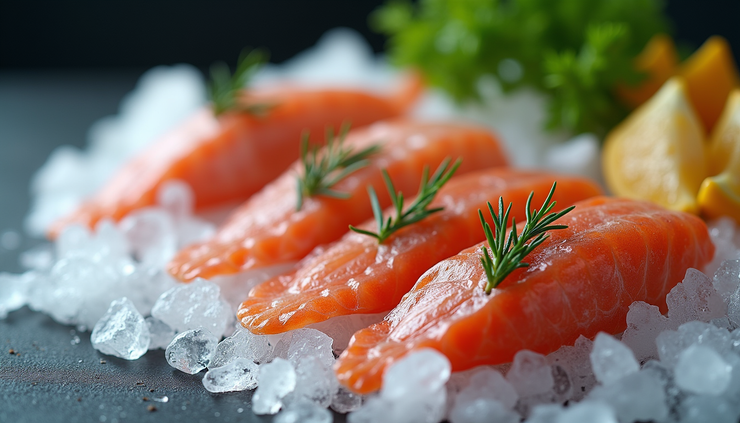 Close-up view of fresh seafood on ice with natural additives