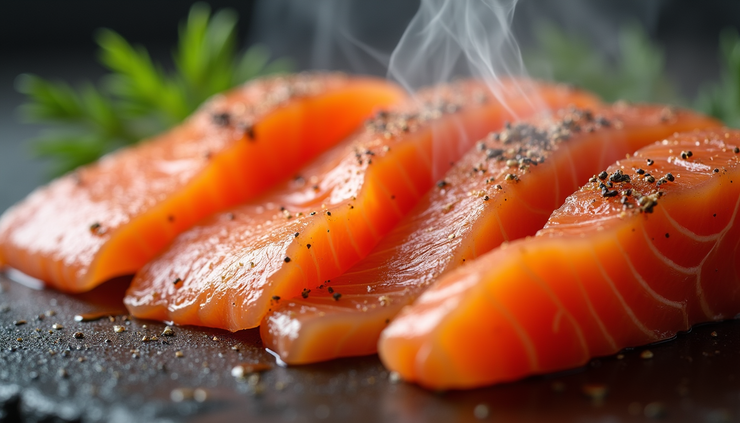 Eye-level view of smoked salmon slices with natural smoke flavor