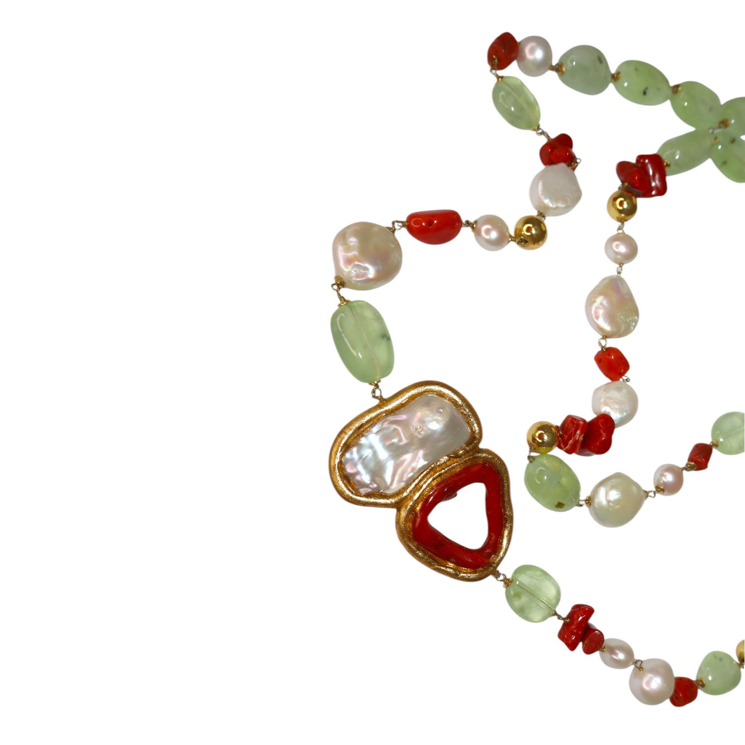 Phrenite, Coral & Freshwater Pearl Collier