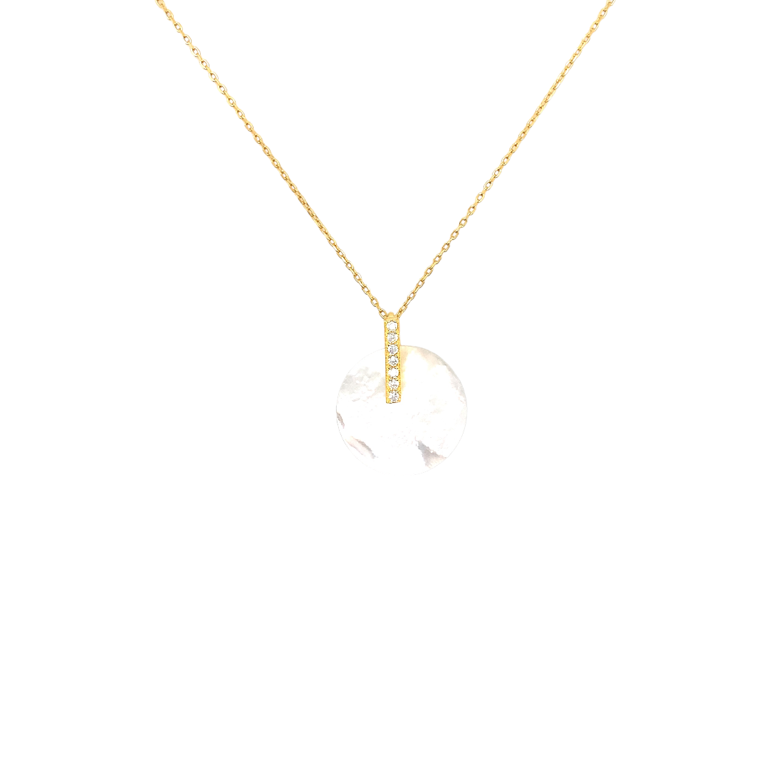 Mother of Pearl and Cubic Zirconia on Yellow Gold Plated Sterling Silver 925 Chain and Pendant
