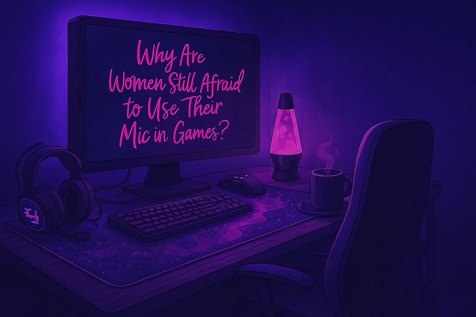 Gaming setup with purple lighting. Screen reads "Why Are Women Still Afraid to Use Their Mic in Games?" Includes headphones, lava lamp, mug.
