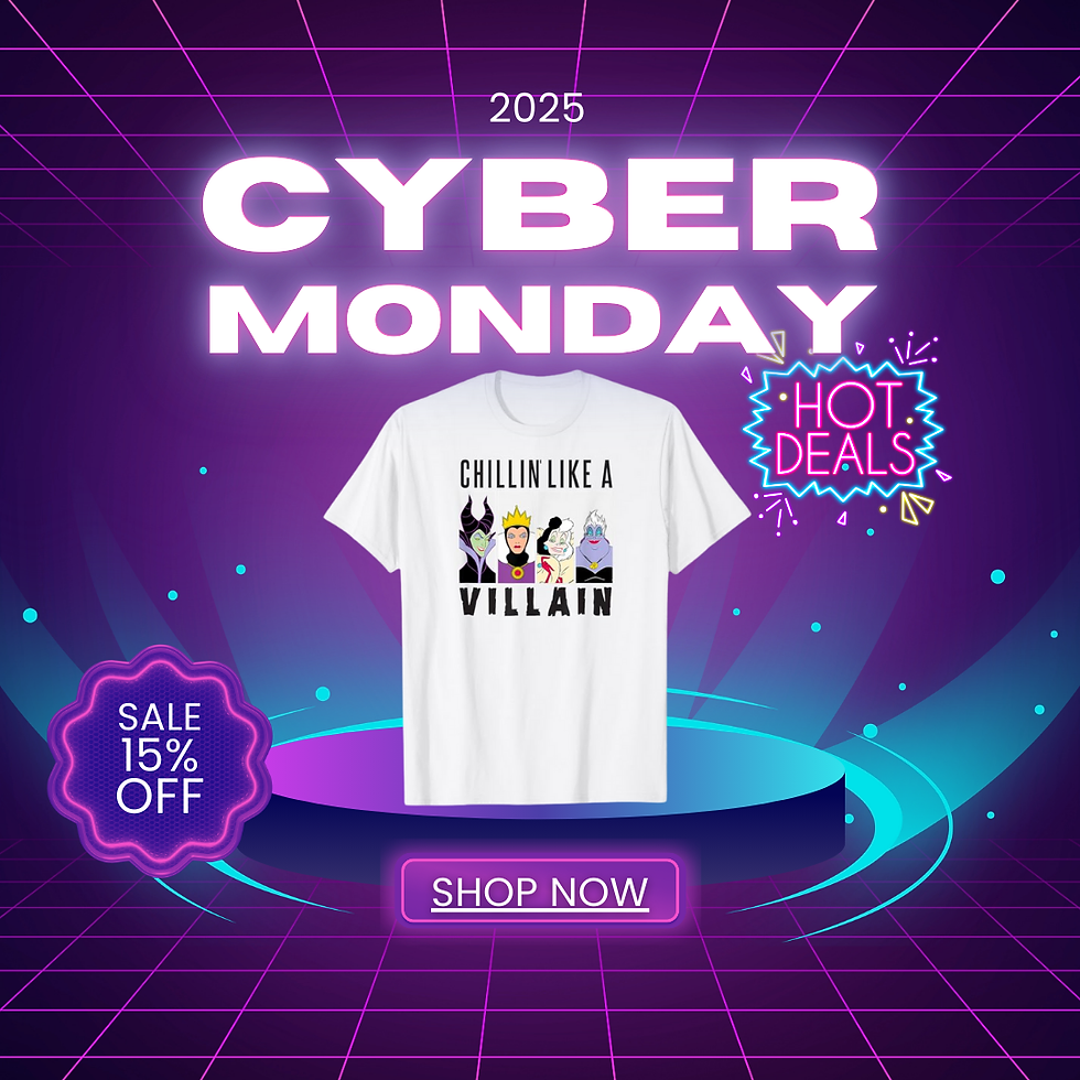 Cyber Monday 2025 sale ad with "Chillin Like a Villain" T-shirt, neon grid background, "HOT DEALS" sign, and "Sale 15% Off" badge.