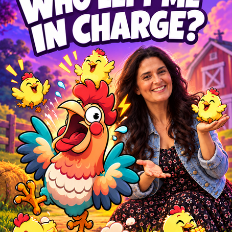 ToxicTeener smiling and holding a cartoon chick beside a startled chicken on a purple farm background, with the words “Chicks in Trouble,” “Who Left Me in Charge?” and “ToxicTeener Reviews.”