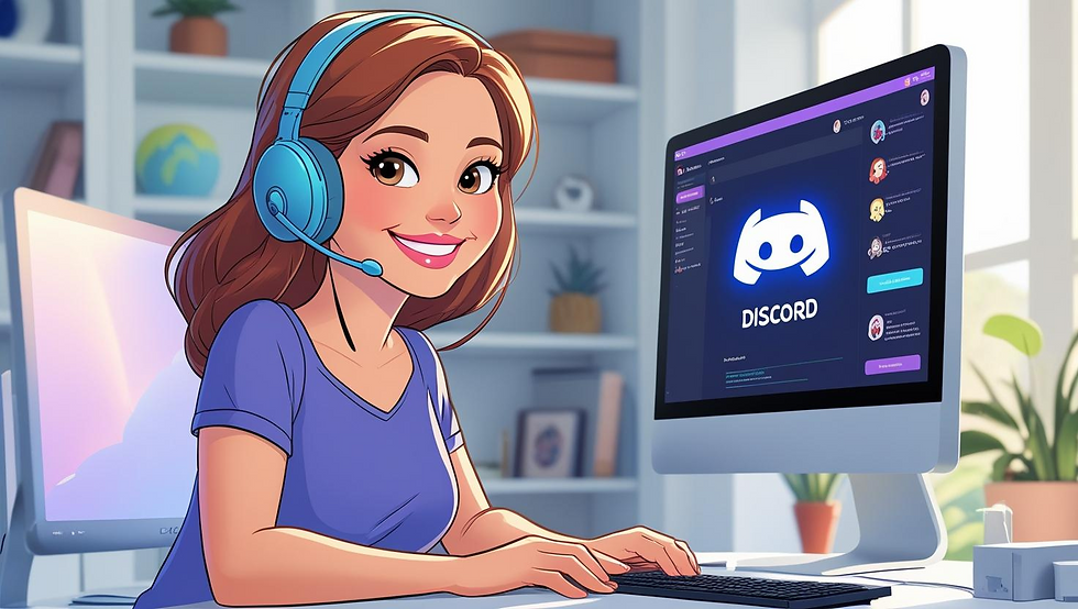 Smiling woman with headset types on a computer displaying Discord interface. Room has soft lighting and plants, creating a welcoming vibe.