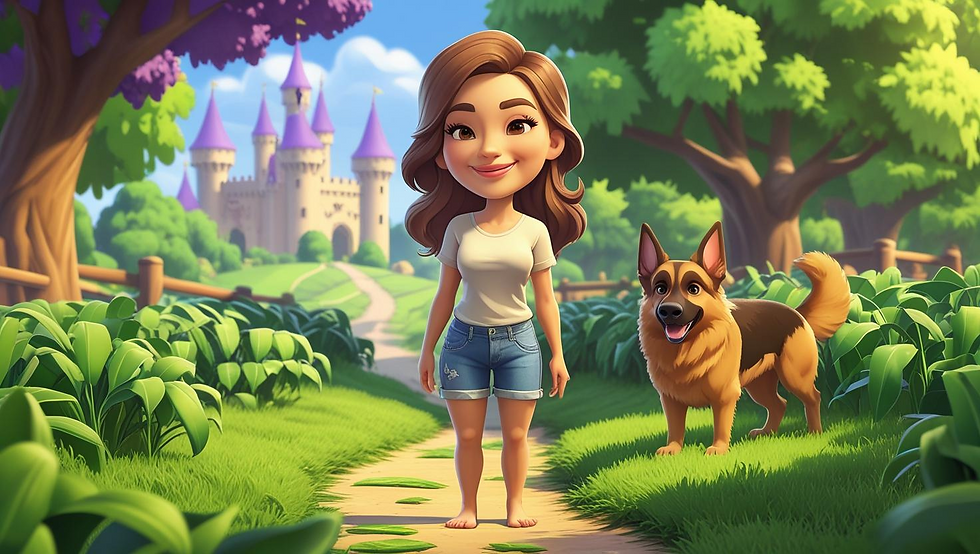 Woman and dog walking in a cozy game.