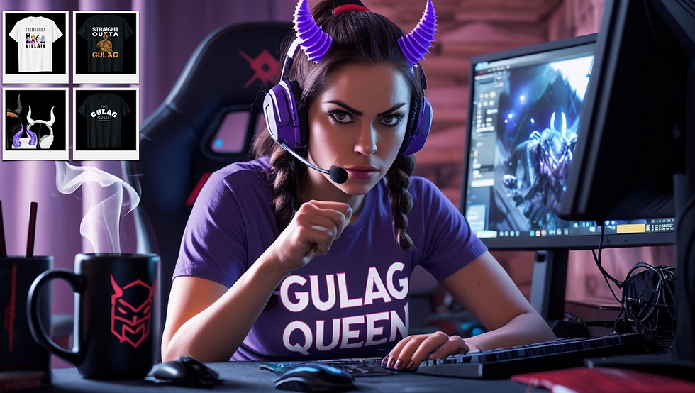 A woman sitting at a gaming desk, with purple devil horns on her headset. She is wearing a gulag t-shirt. In the upper right corner there is items listed in the blog post.