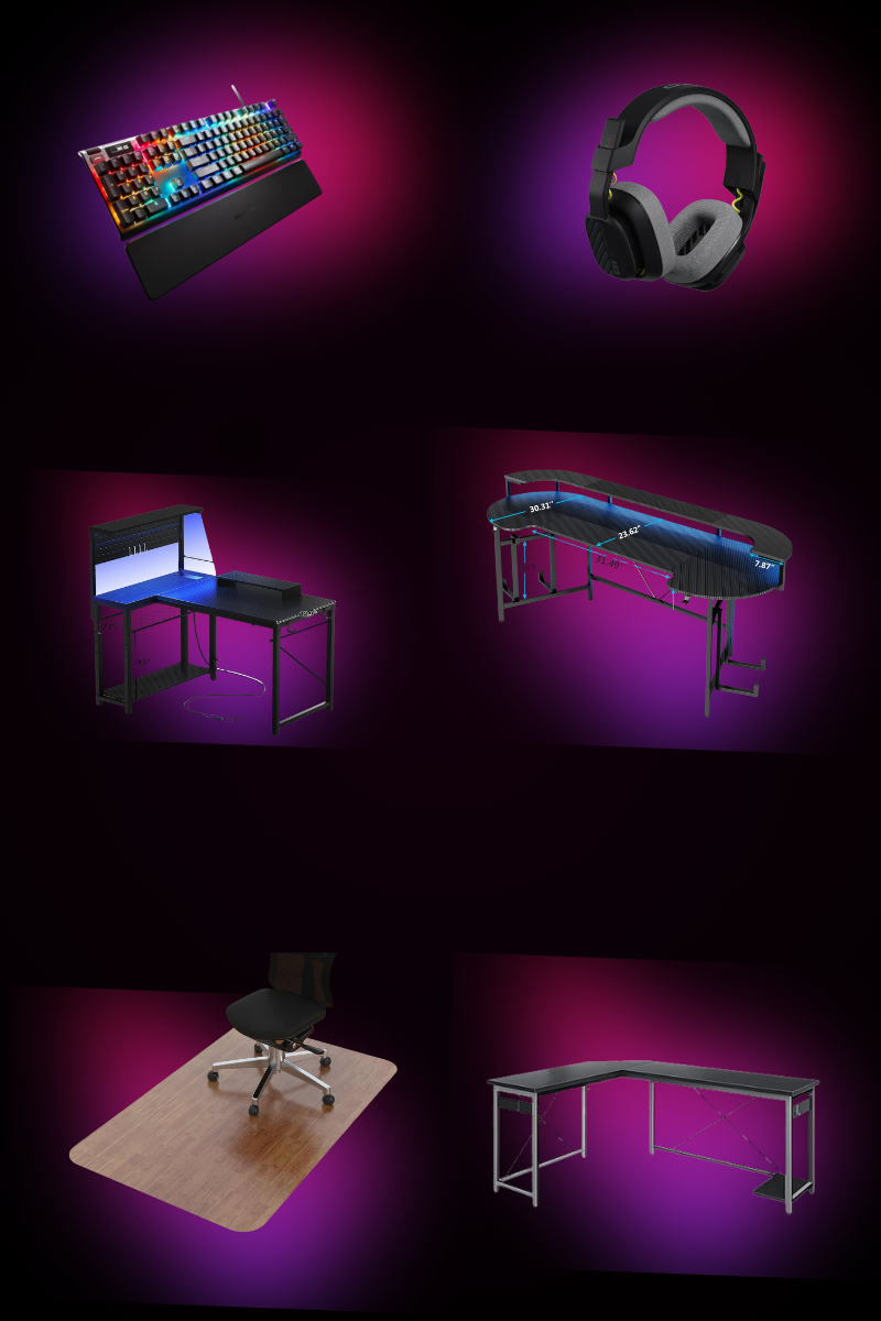 RGB keyboard, black headphones, two gaming desks, a black chair on a wooden mat. Purple gradient background, tech theme.