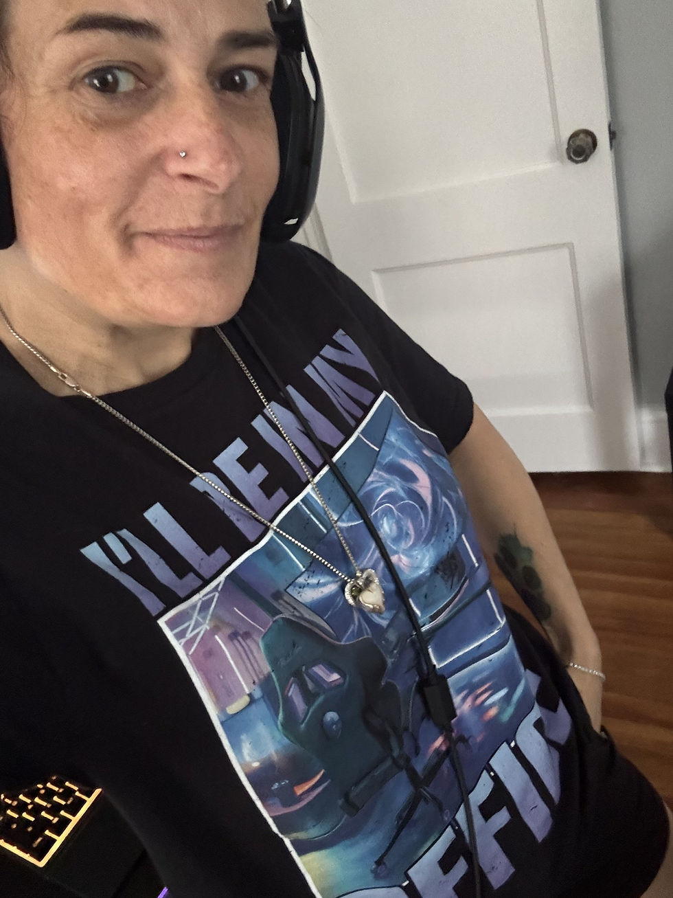 Woman wearing gaming graphic t-shirt