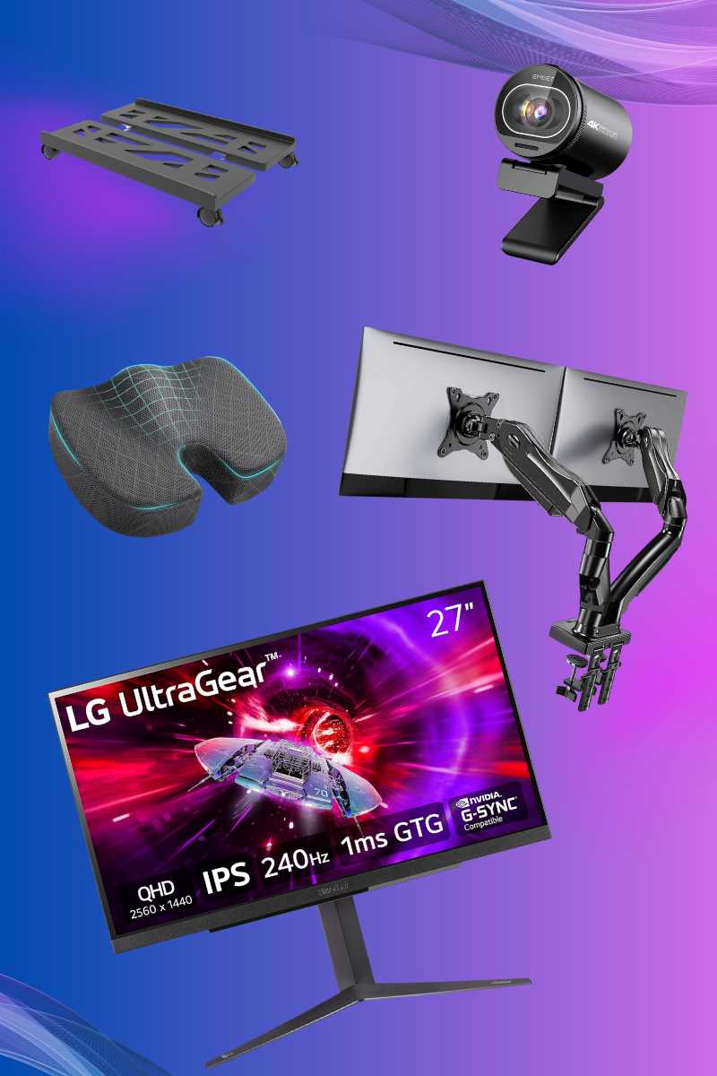 Visual purple and blue background with gaming accessories on it. Monitor, dual monitor stand, tush guard, streaming camera, cpu stand.