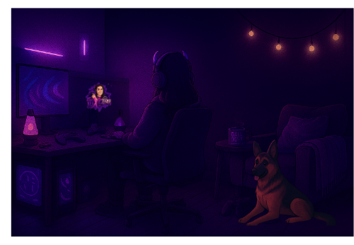 A girl at a gaming desk with her German shepherd sitting next to her