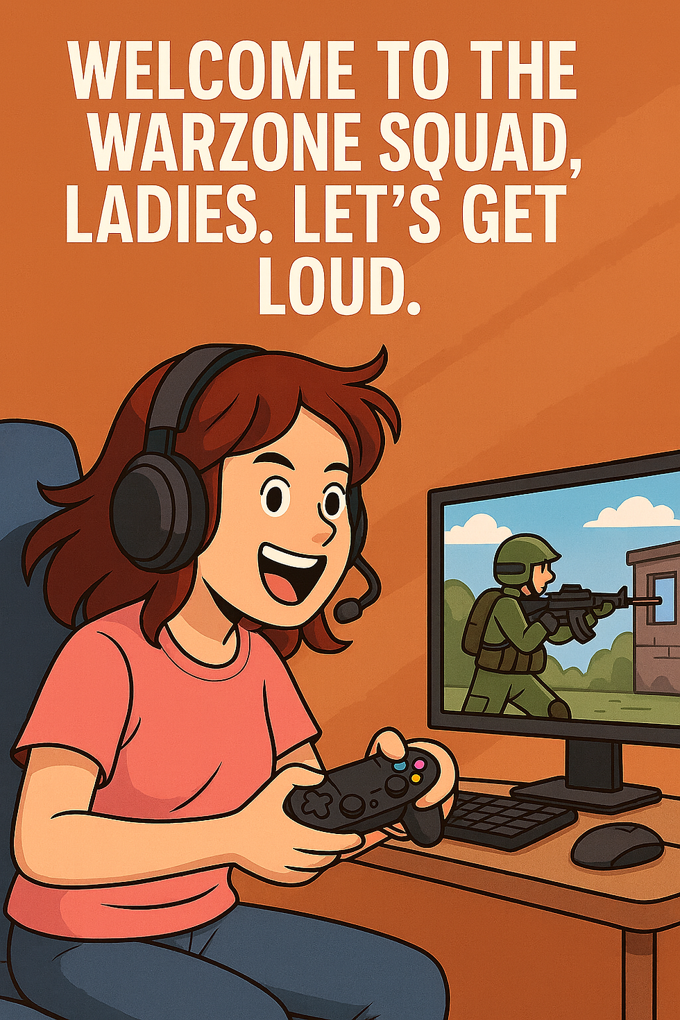 A person enthusiastically plays a video game on a monitor. Text: "Welcome to the warzone squad, ladies. Let's get loud."