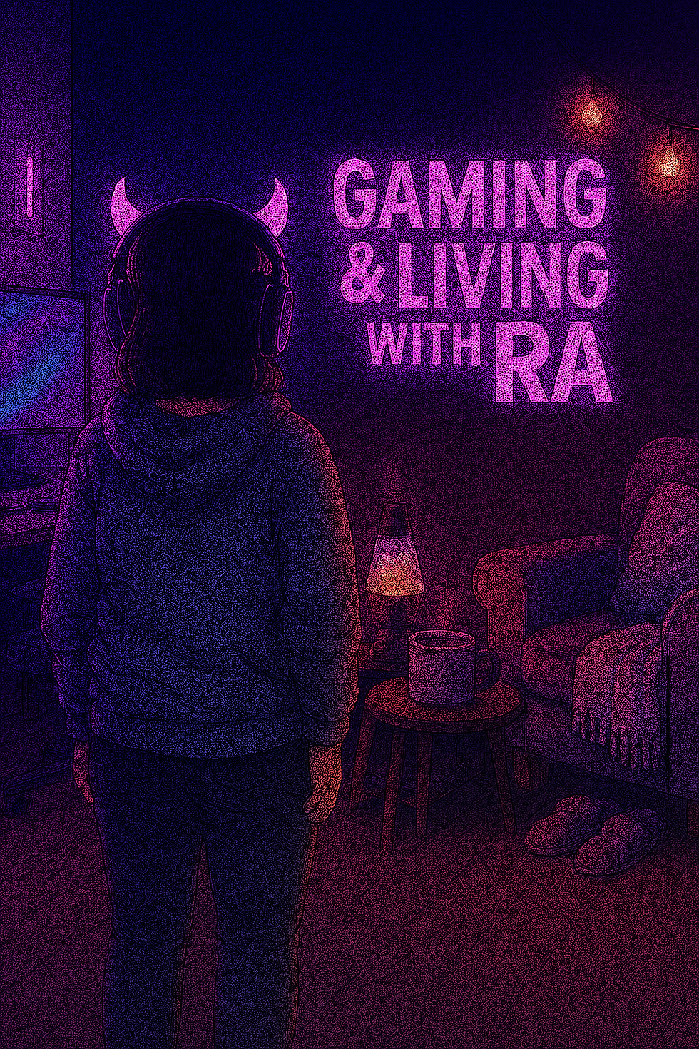 Person with headphones, devil horns facing neon sign "GAMING & LIVING WITH RA" in pink. Cozy room with lava lamp, mug, and string lights.