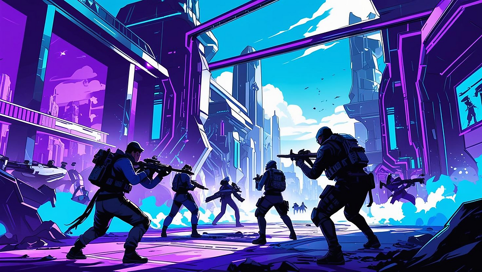 Futuristic soldiers with weapons, crouching in a neon-lit cityscape with purple and blue hues, creating an intense, action-packed scene.