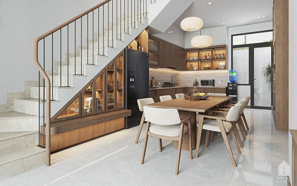 Khu bếp AVUONG HOUSE dùng sàn gạch cốt đá mờ, màu trung tính và tường ốp đá granite khổ lớn, an toàn, dễ vệ sinh và bền đẹp.