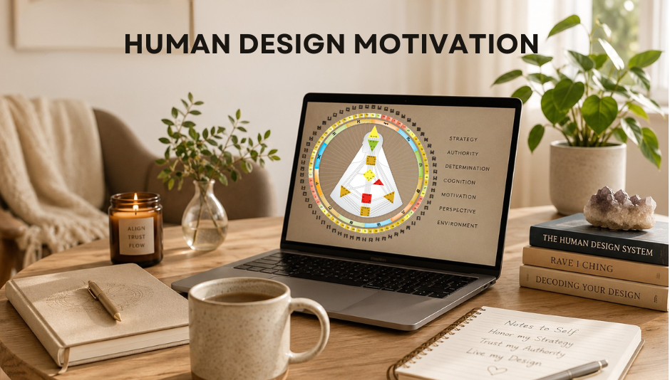 a laptop with a human design mandala on it talking about human design motivation