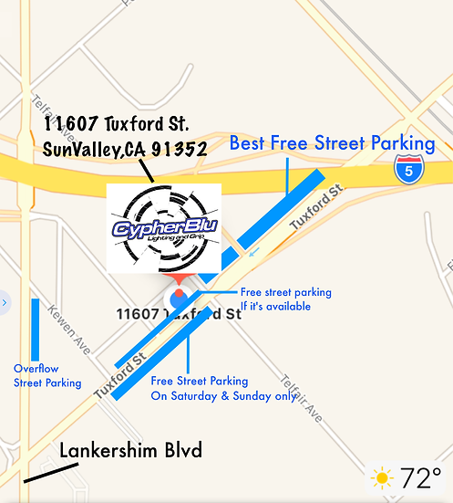 map to find CypherBlu with plenty of free street parking marked