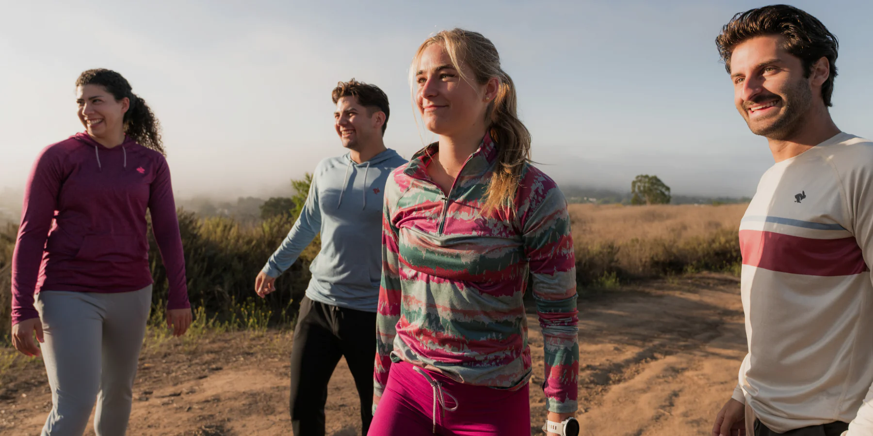 Rabbit Men's and Women's running and fitness apparel in pink, blue, and white super soft fabric