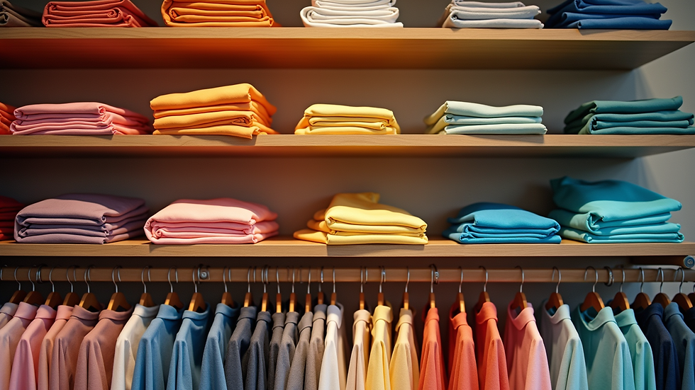 Eye-level view of a neatly arranged boutique shelf with colorful clothing