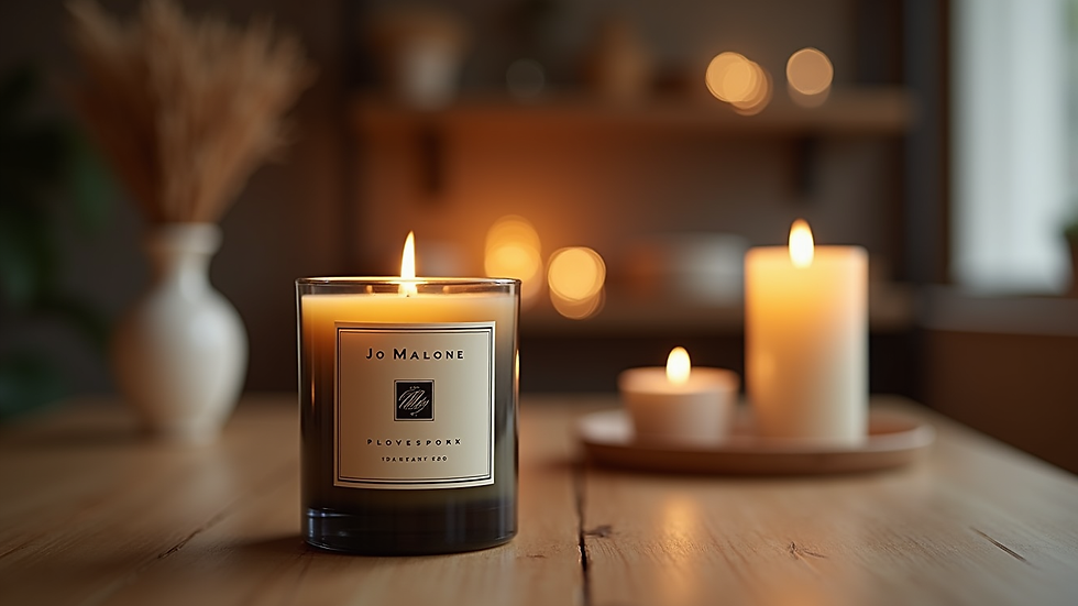 Eye-level view of a lit Jo Malone candle on a wooden table