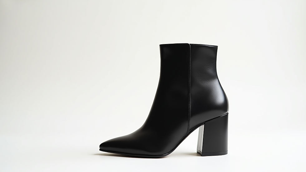 Eye-level view of a stylish black ankle boot with a block heel on a white background