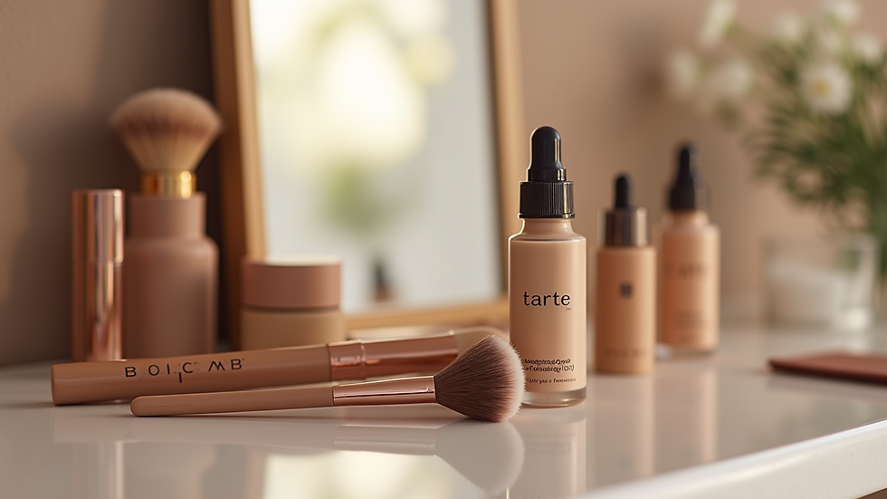 Eye-level view of a makeup vanity with Tarte Amazonian Clay Foundation and brushes