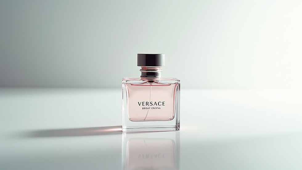 Eye-level view of a Versace Bright Crystal perfume bottle on a white surface