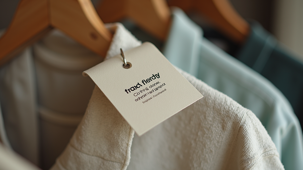 Close-up view of a boutique's eco-friendly clothing tag on a garment