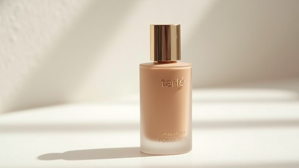 Close-up view of Tarte Amazonian Clay Foundation bottle on a white surface