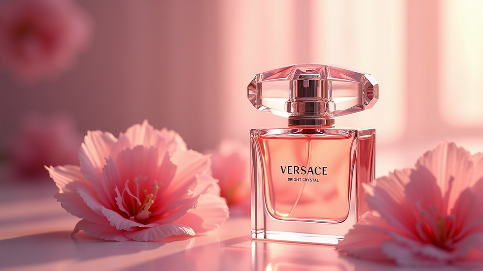 Close-up view of Versace Bright Crystal perfume bottle with floral background